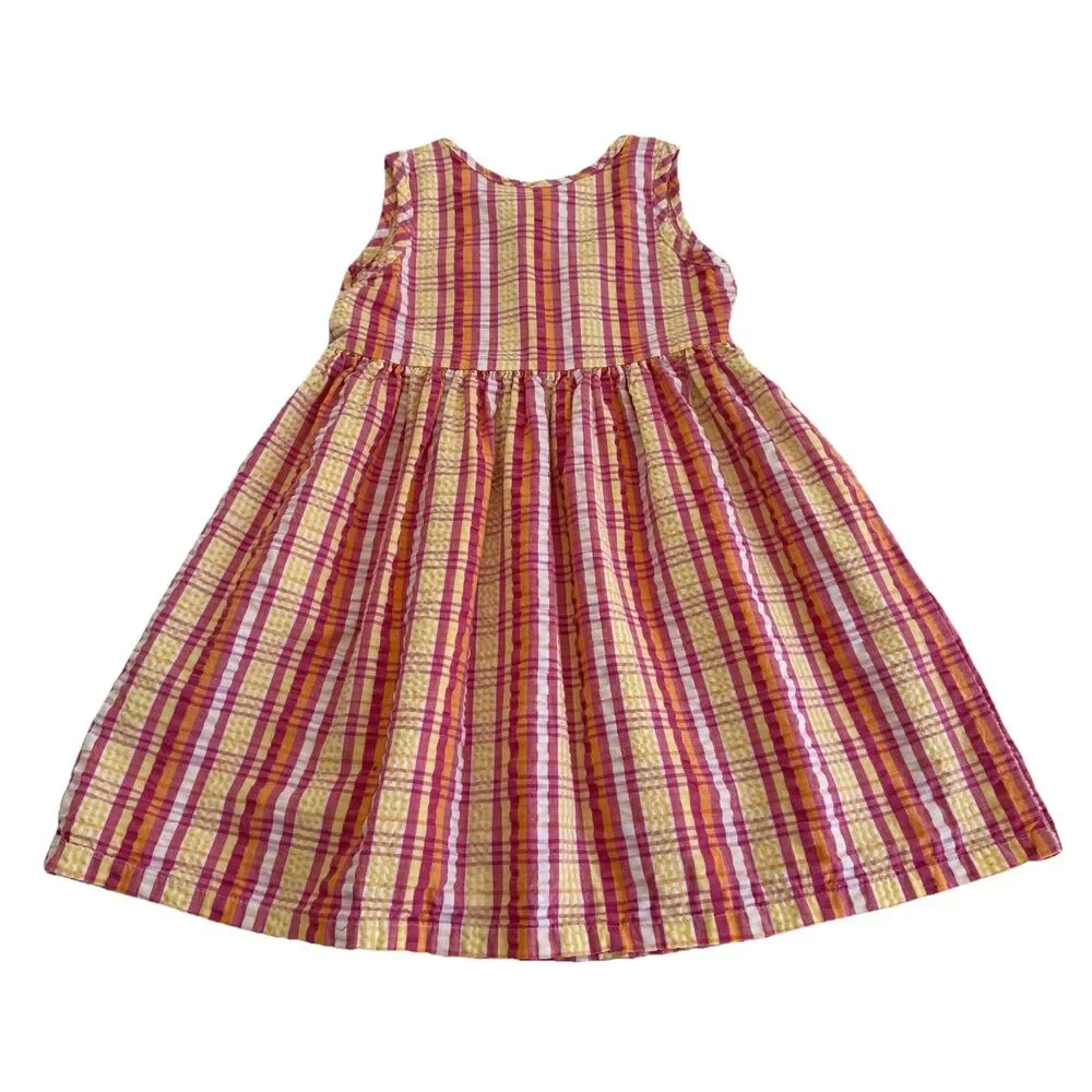 VTG Healthtex Dress Girls Pink Yellow Orange Plaid Seersucker 100% Cotton Sz 6